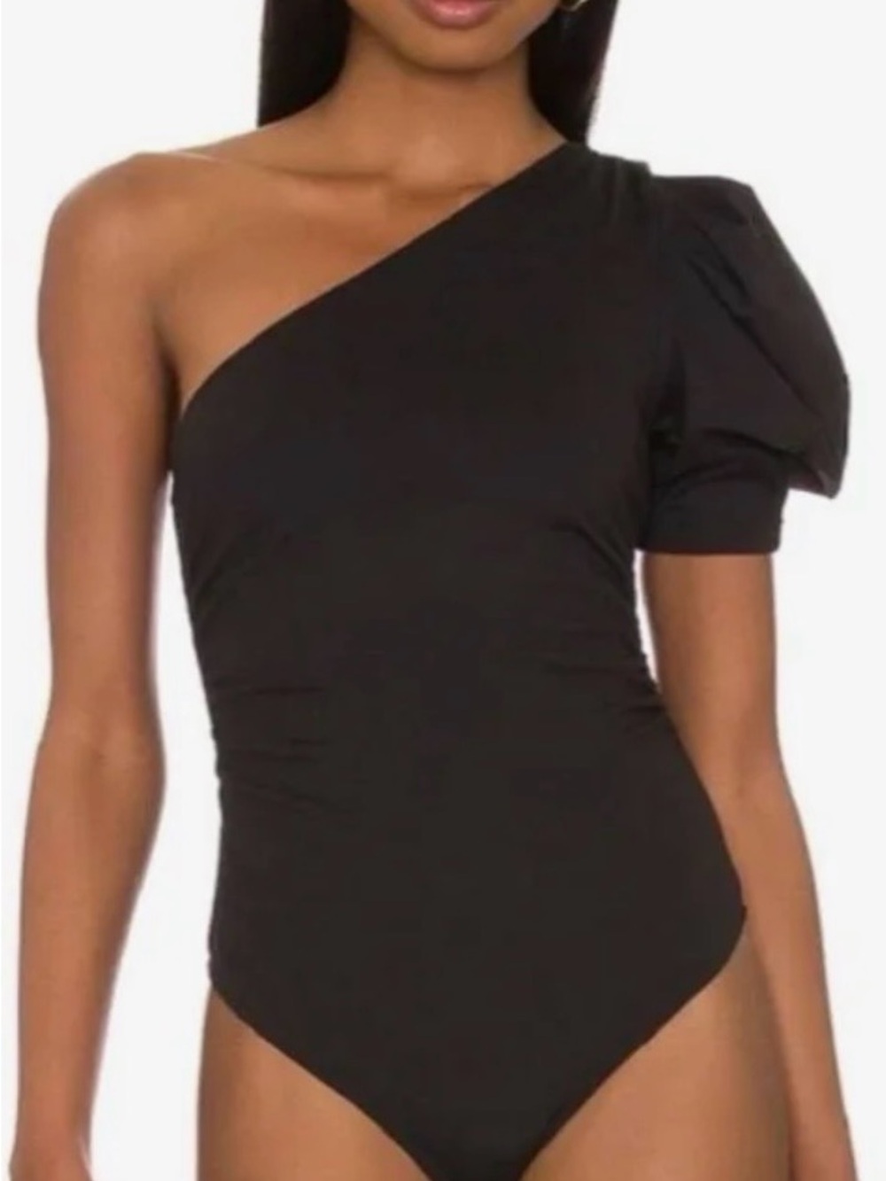 Free People One-Shoulder Black Puff-Sleeve Bodysuit